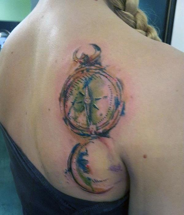 aesthetic watercolor vintage compass design on shoulder back for girls