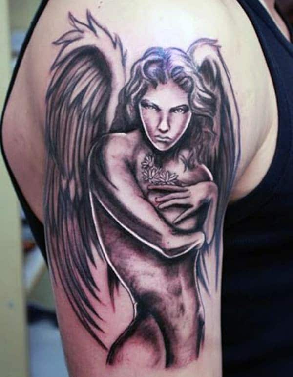 Angel tattoo on the right upper arm brings the moralistic look in men