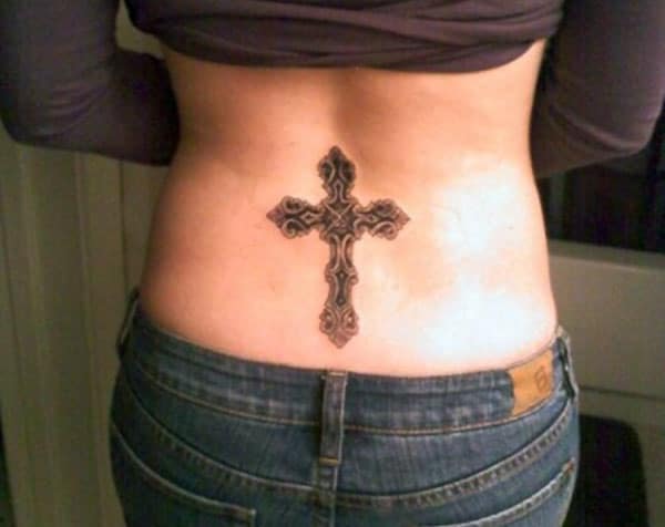 Cross tattoo at the back gives a marvelous look