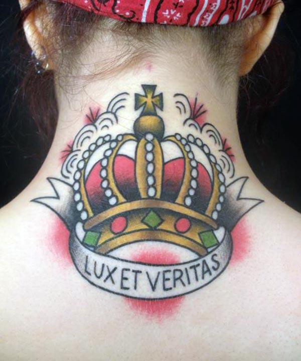 The pink, ink mix design Crown tattoo on the back of the neck make girls attractive