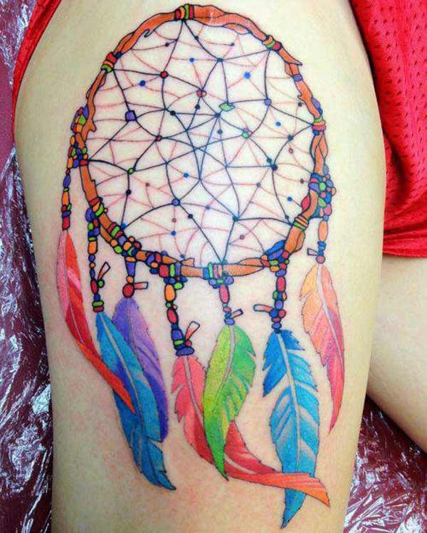 Dreamcatcher tattoo on the side thigh brings a gorgeous look