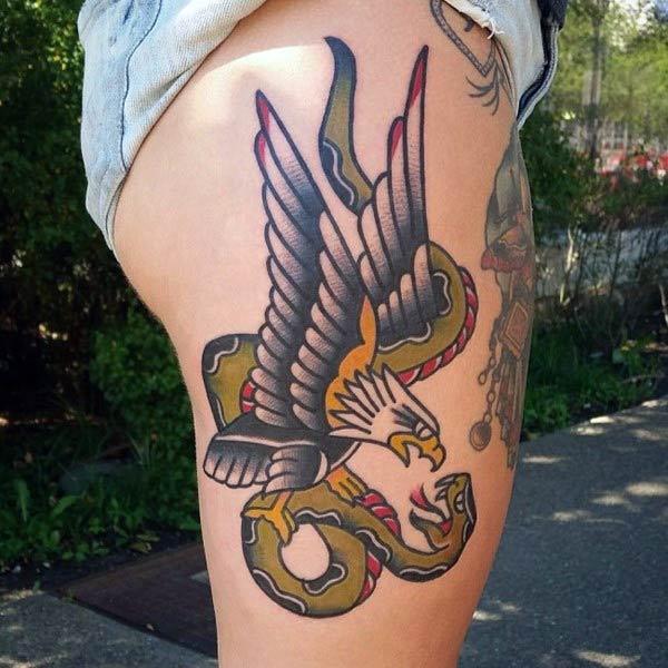 Eagle tattoo on the on the side thigh brings a feminist look