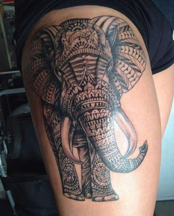 Elephant tattoo on the side thigh gives the girls an attractive look