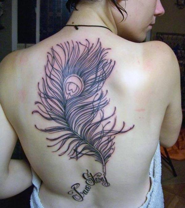 Feather tattoo on the back shoulder makes a women look attractive