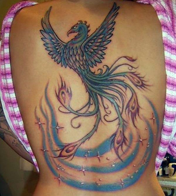 Phoenix tattoo on back with a brown ink design brings the captivating look
