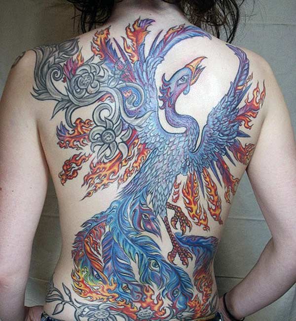 The blue ink mix design Phoenix tattoo on the back of the neck make girls attractive