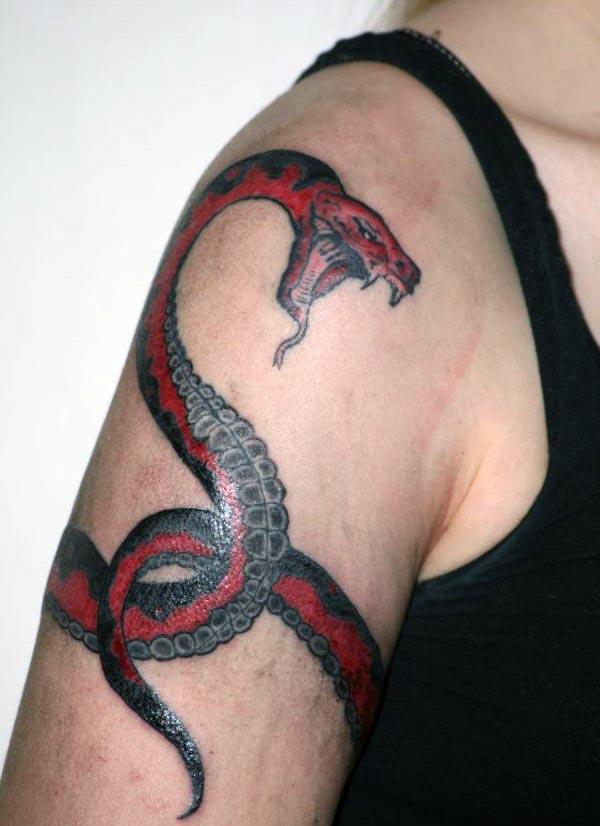 Snake Tattoo with red and black ink at the arm makes a lady appear adorable.