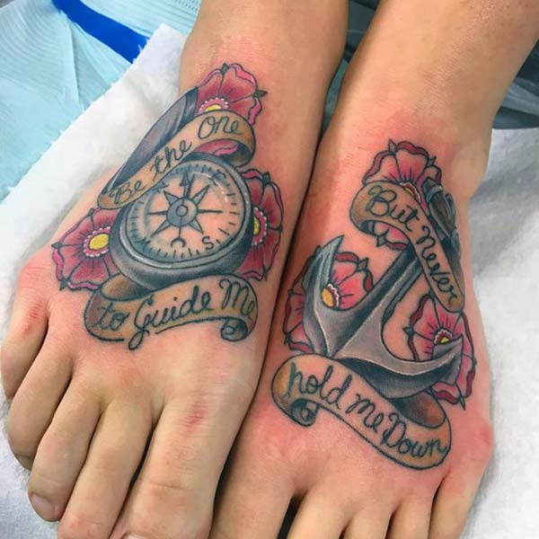 Foot Tattoo for girls with a clock and flower design makes them eye-catching
