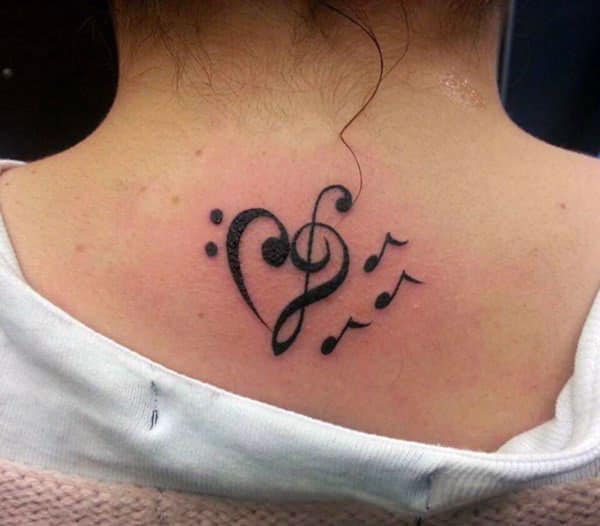 The black ink design Music Tattoo on the back of the neck make girls attractive