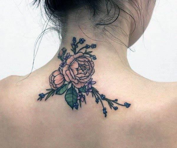 Neck tattoo with an orange flower ink design brings a gorgeous look
