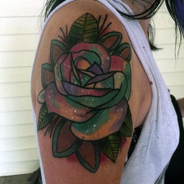 Rose Tattoo on the shoulder makes a woman look radiant
