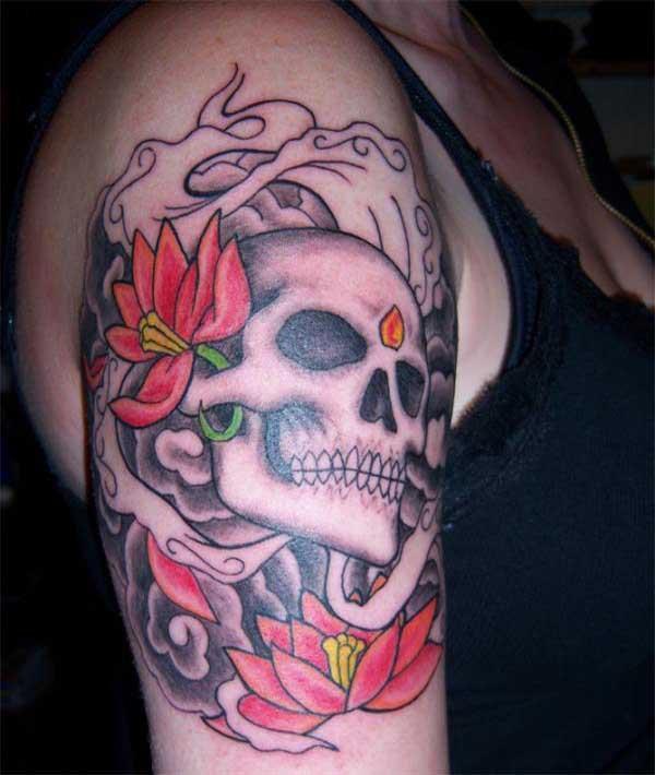Skull Tattoo on the shoulder with a brown ink design brings the captivating look