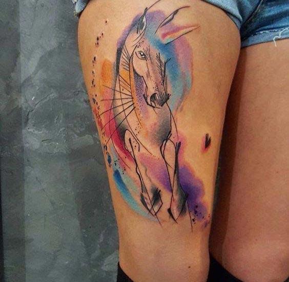 Horse tattoo on the side thigh makes a woman look attractive