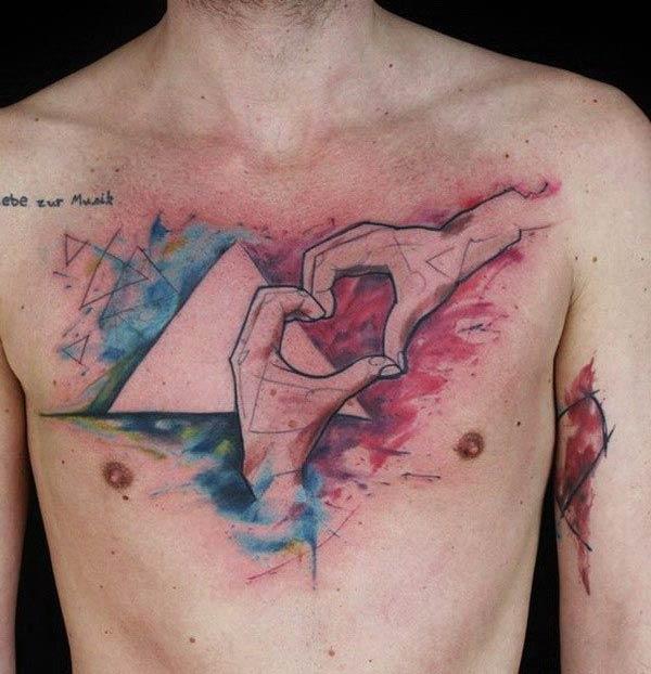 Cool and creative love triangle sketch line water color ink chest tattoo ideas for boys