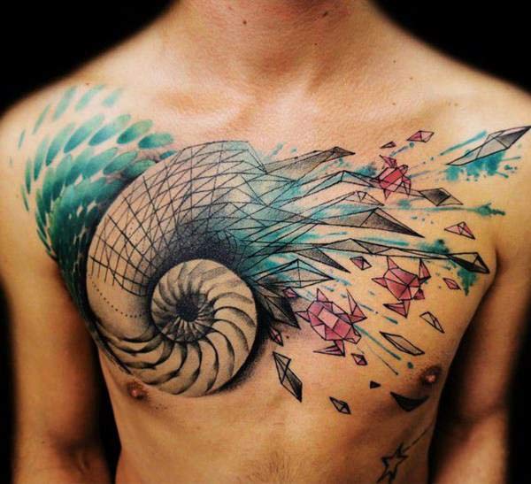 Funky and artistic turtles and shells water color ink chest tattoo ideas for marine loving males