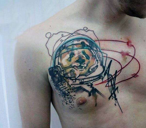 Cool and innovative bear astronaut in space water color ink Chest tattoo ideas for men