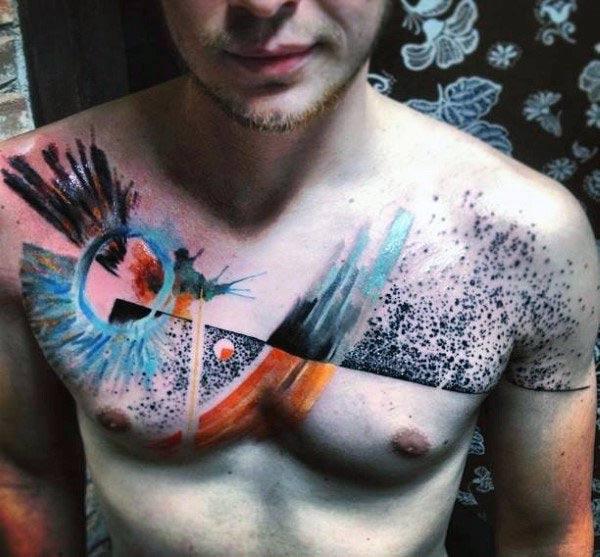 Artistic galaxy dotted and water color ink chest tattoo ideas for men