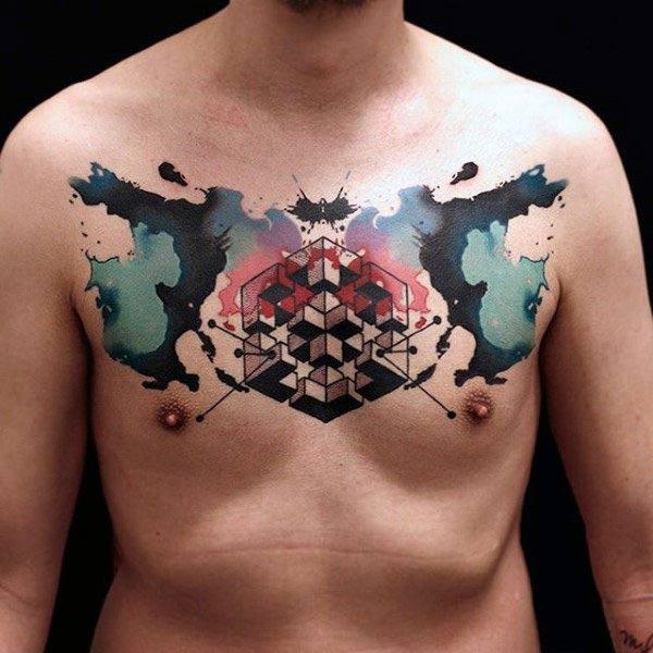 Cool and creative ornamental watercolor ink chest tattoo ideas for men