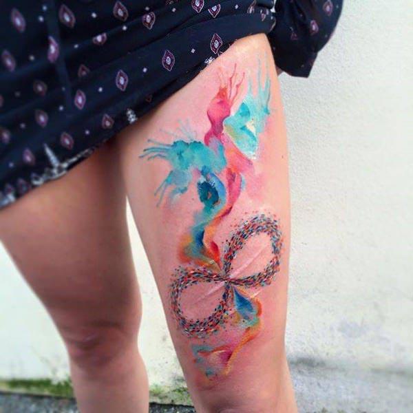 For women- Rich colored infinity loop watercolor thigh tattoo ideas
