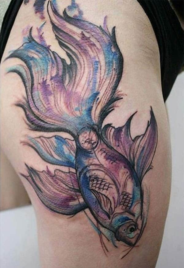 Women’s Captivating Koi fish watercolor tattoo ideas on thigh