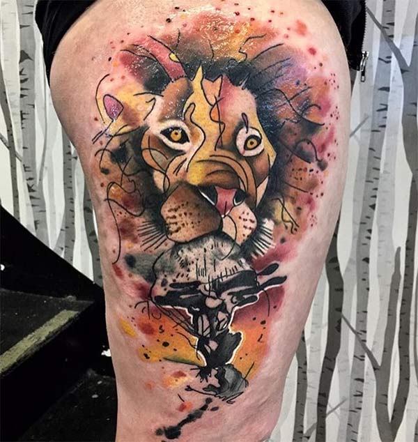 Funky animated lion face watercolor thigh tattoo ideas for Girls