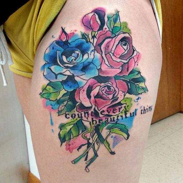Awesome watercolor tattoo of flower bunch and count every beautiful thing wording on thigh for Women