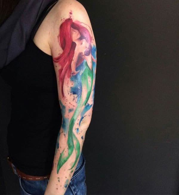 Girl’s Beautiful mermaid watercolor tattoo on arm