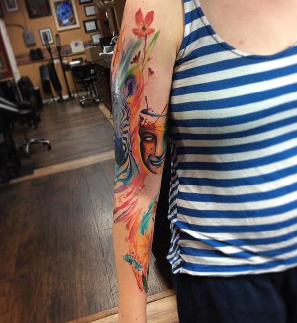 Intricate zebra flowers face mask arm tattoo ideas for trendy women