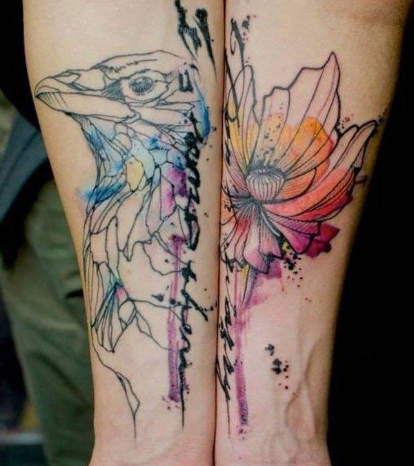 Vibrant and intricate Bird and Flower Water color ink Arm tattoo ideas for free-spirited Men