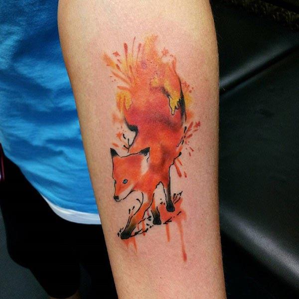 Bright-colored and vibrant Fox Water color Ink Arm tattoo ideas for adventurous men