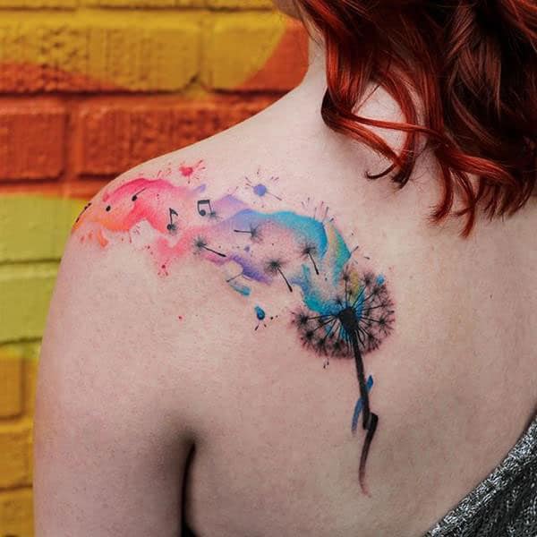 Colorful music from blow dandelion watercolor tattoo ideas on back shoulder for Women
