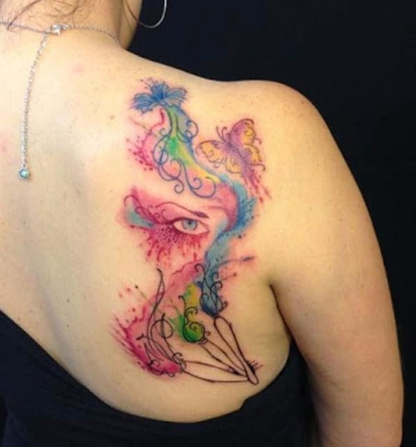 Awesome vivid paint brushes eye butterfly watercolor back shoulder tattoo ideas for Girls