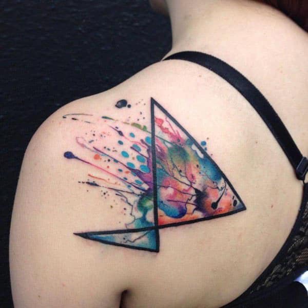 Random ink splash within straight line infinity loop tattoo ideas on back shoulder for Chic style ladies