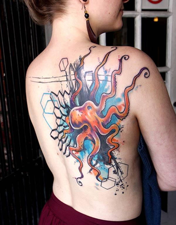Women’s Spellbinding artistic octopus polygons watercolor back shoulder tattoo ideas