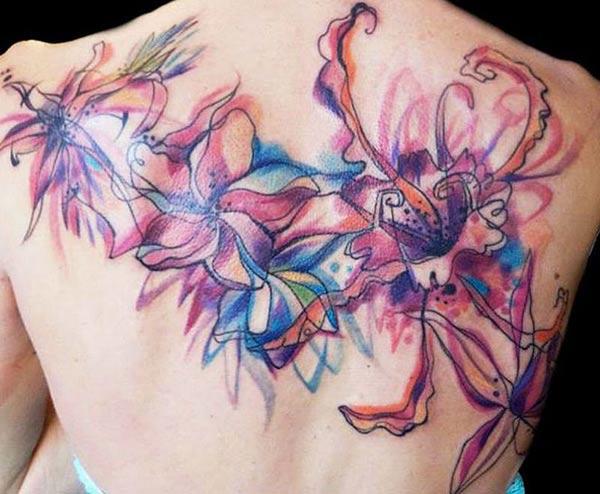 Intense colored huge flowers watercolor back tattoo ink designs for Ladies