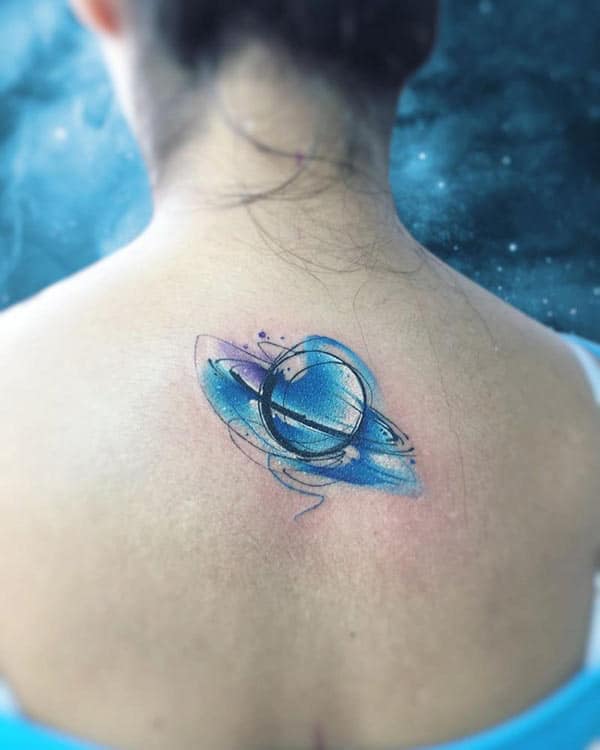 Cute blue Saturn watercolor back tattoo ideas for Girls and women