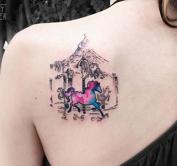 Magical horse and merry go round watercolor tattoo ideas on back shoulder for Ladies
