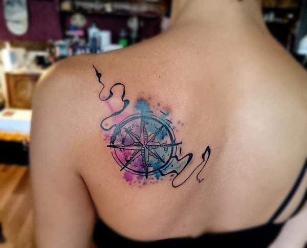 Stunning purple blue compass watercolor tattoo ink designs on back shoulder for Women