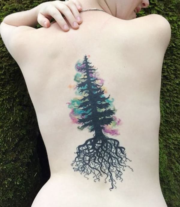 Magical pine tree watercolor back tattoo designs for Stylish girls