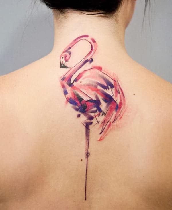 Stunning sketch line flamingo bird watercolor tattoo designs on back of Girls