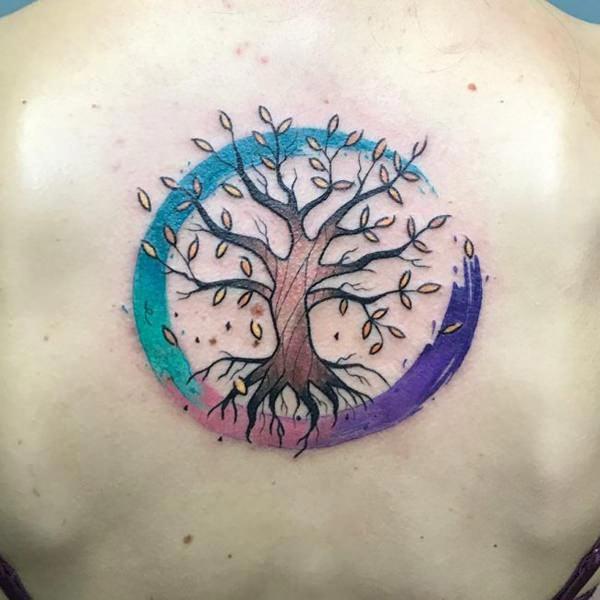 Cool striking tree with circle watercolor tattoo designs on back for Girls and women