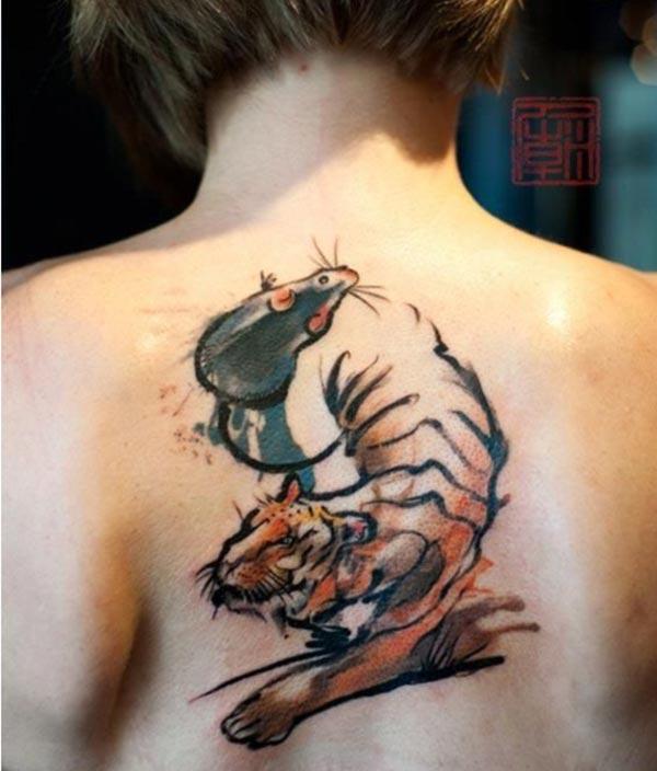 Aesthetic back tattoo designs of Tiger and mouse for Women