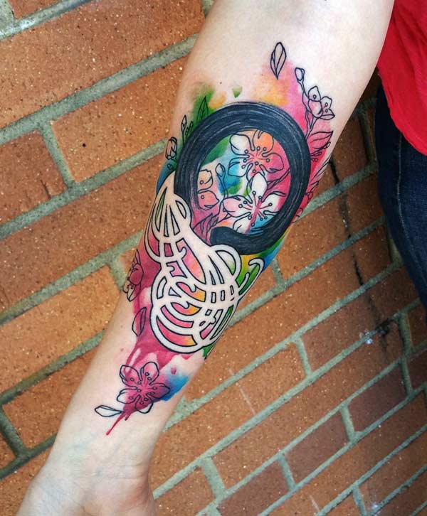 Cool flowers and Celtic style forearm watercolor tattoo for Ladies