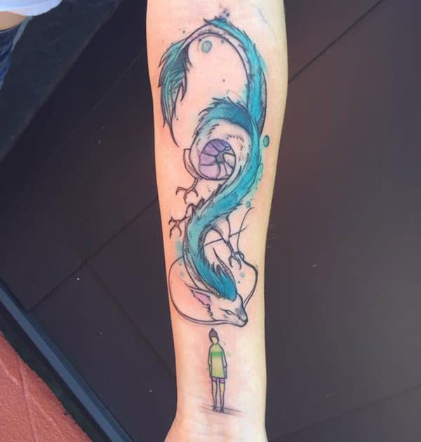 Beautiful flying dragon and man watercolor tattoo on forearm for Girls