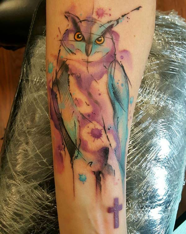 Attractive sketch line of Owl tattoo ideas on forearm for ladies