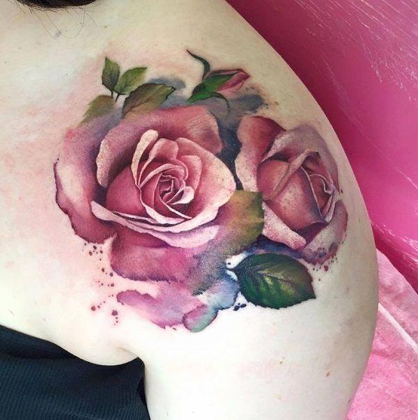 Realistic Roses with leaves watercolor front shoulder tattoos for fashionable women