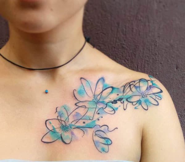 Cute elegant sketch line floral watercolor tattoo designs on front shoulder for girls