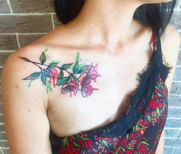 Beautiful flowers with leaves front shoulder watercolor tattoo for Girls