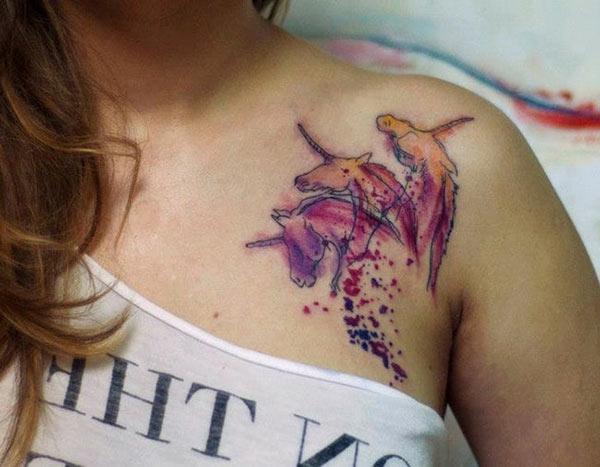 Exquisite unicorns watercolor tattoo on front shoulder designs for passionate women
