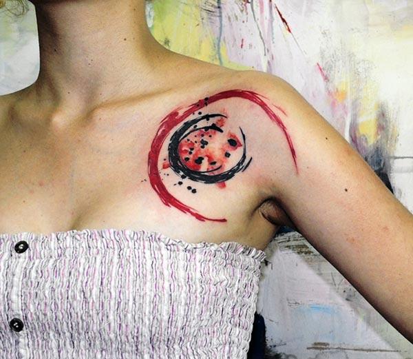 Trendy trash polka design watercolor tattoo on front shoulder for Girls
